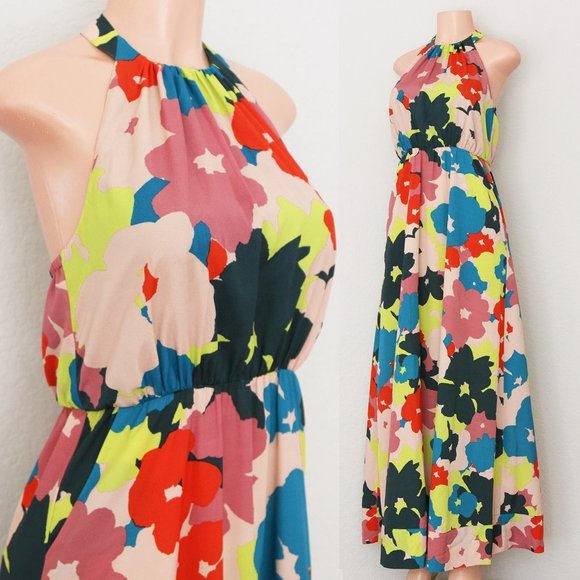 Jessica Simpson Dresses & Skirts - Jessica Simpson Vibrant Bold Colorful Floral Halter Neck Boho Long Maxi Dress 4